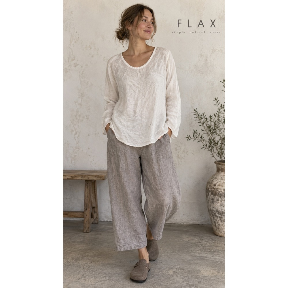 FLAX by Jeanne Engelhart White 100% Linen Long Sleeve Seam Detail Tunic- Small